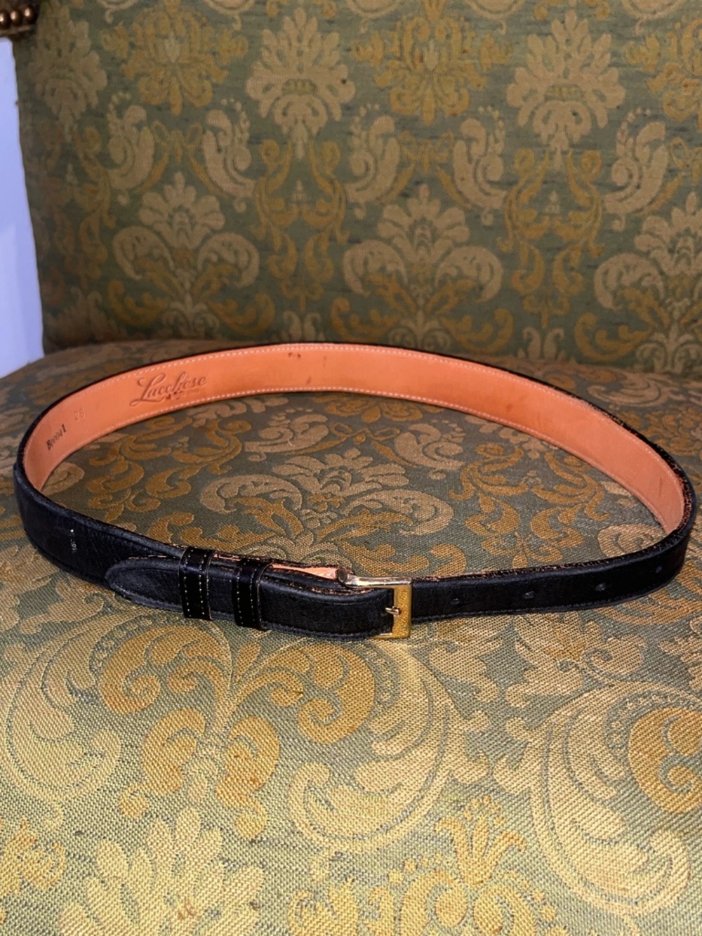 Lucchese Black Leather Belt with Gold Buckle